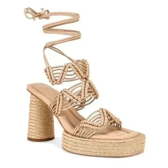 Paloma Barcelo Lace Up Platform Designer Maigo Espadrille Sandal Sand Tan US 8.5
